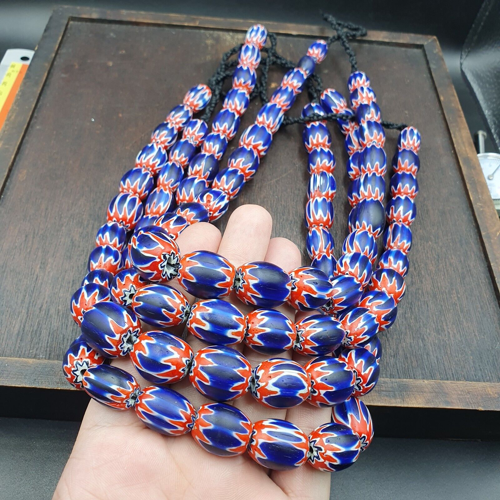 Venetian Antique Style African Blue Glass Chevron With Big Beads 14-18mm