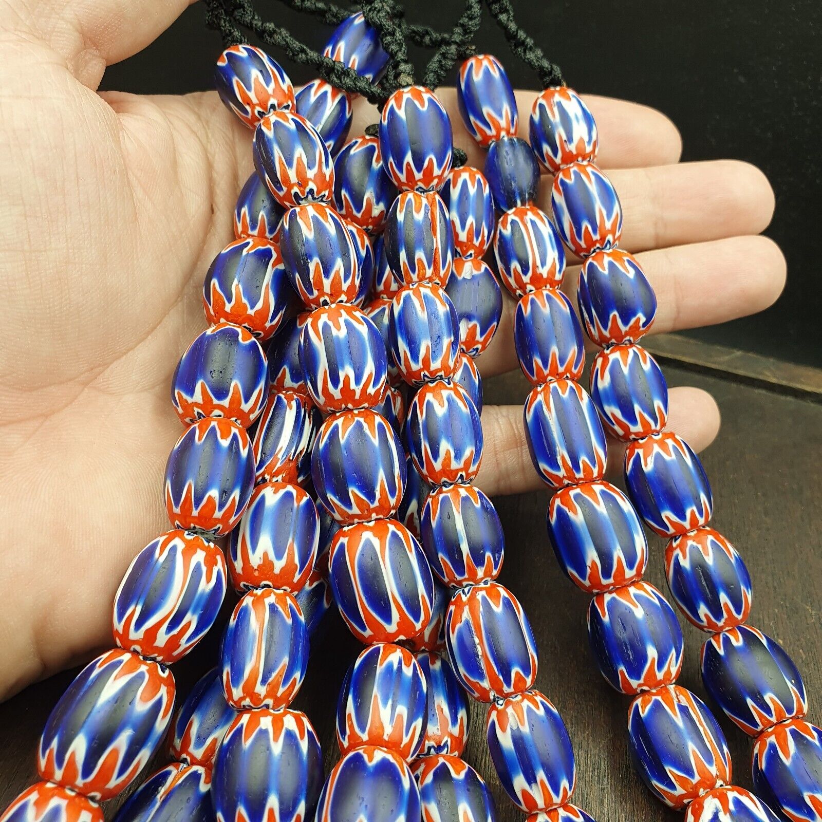 Venetian Antique Style African Blue Glass Chevron With Big Beads 14-18mm