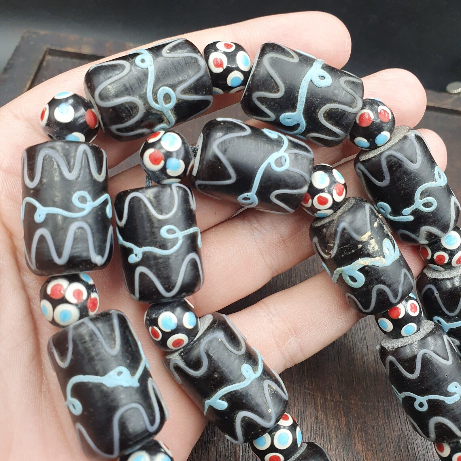 Vintage Black Gabri Eyes Skunk Thousand eyes Glass Beads Strand
