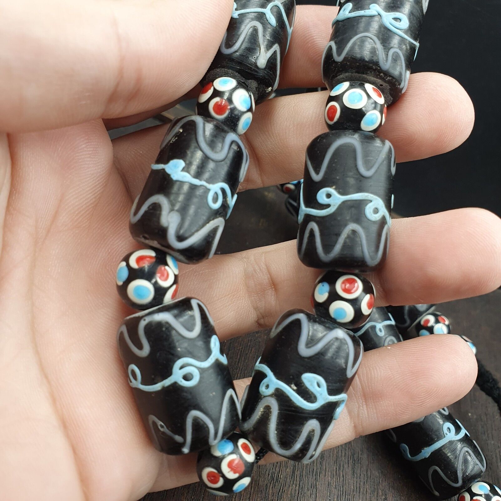 Vintage Black Gabri Eyes Skunk Thousand eyes Glass Beads Strand