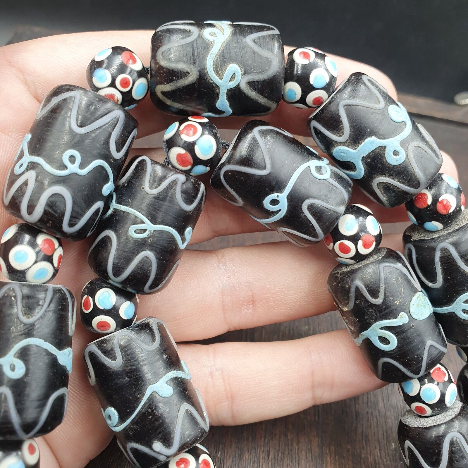 Vintage Black Gabri Eyes Skunk Thousand eyes Glass Beads Strand