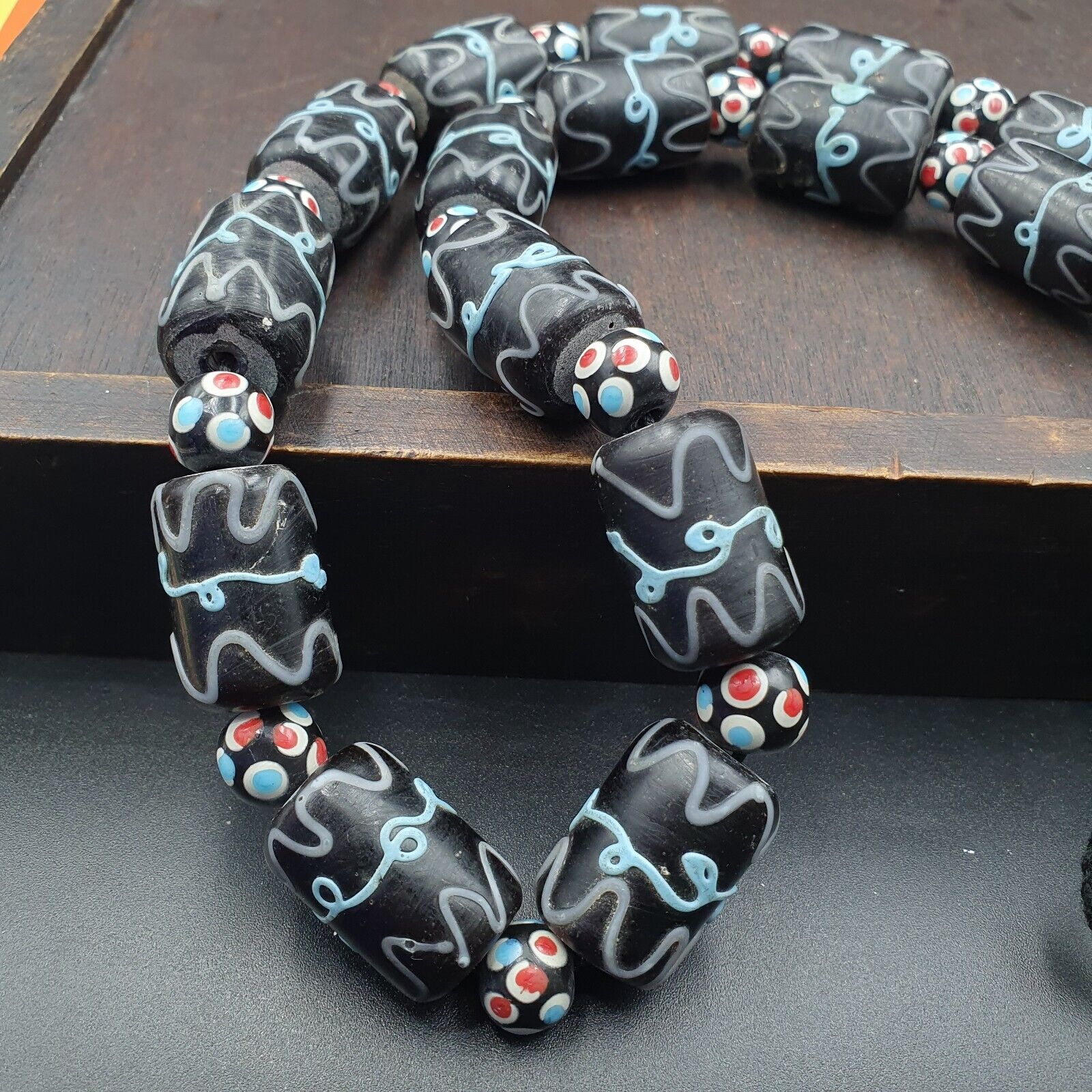 Vintage Black Gabri Eyes Skunk Thousand eyes Glass Beads Strand