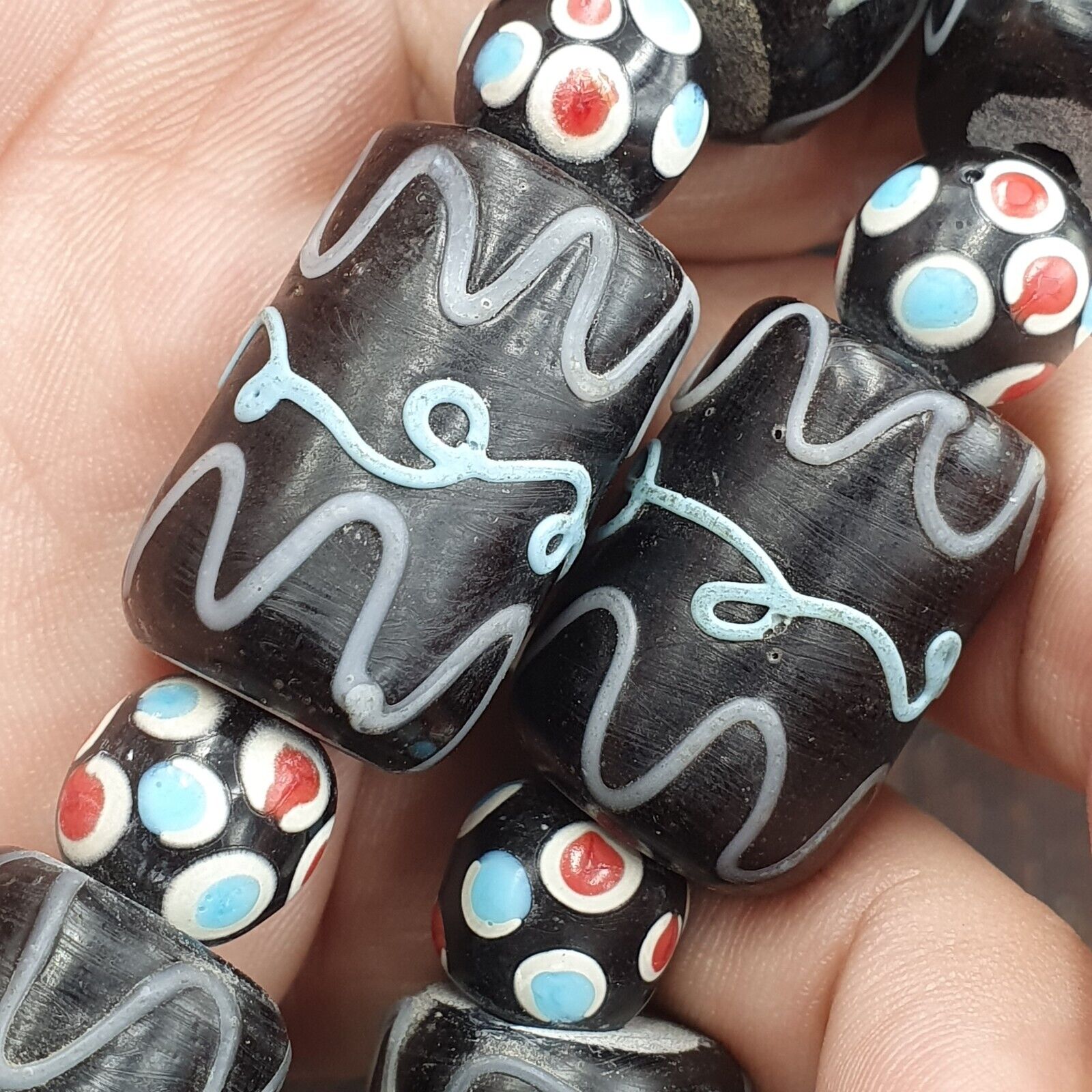 Vintage Black Gabri Eyes Skunk Thousand eyes Glass Beads Strand