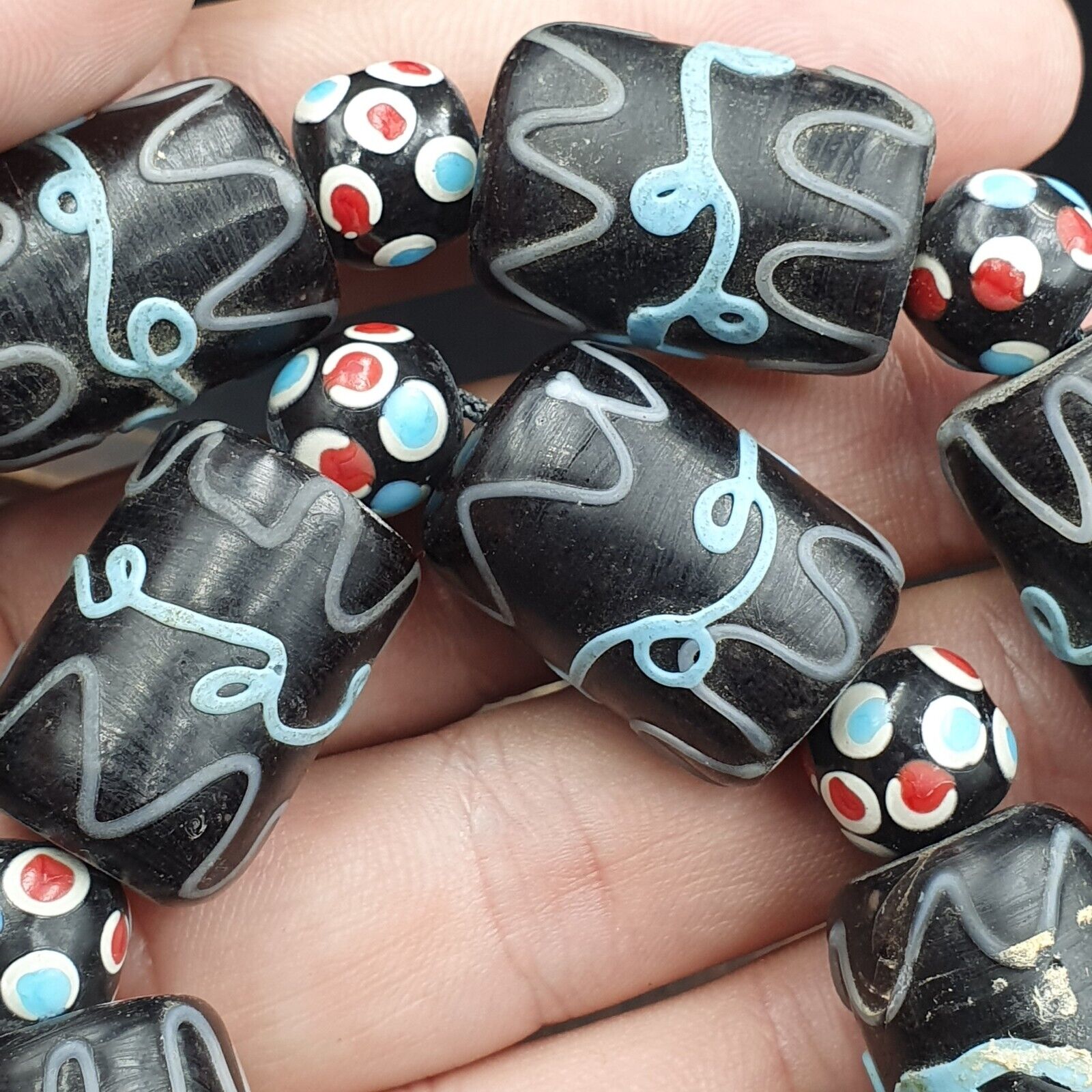 Vintage Black Gabri Eyes Skunk Thousand eyes Glass Beads Strand