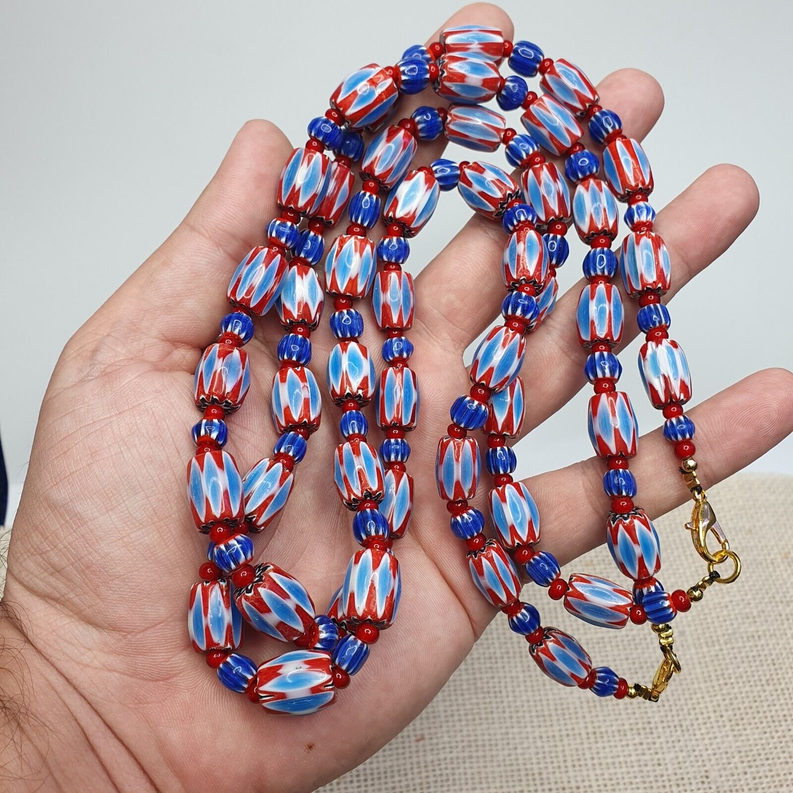 Vintage Chevron and White Heart Venetian Beads Glass Beads Necklace NC-108