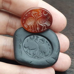 Antique AGATE SEAL BEAD " Birds, Animals Intaglio Stamp Ring Cabochon