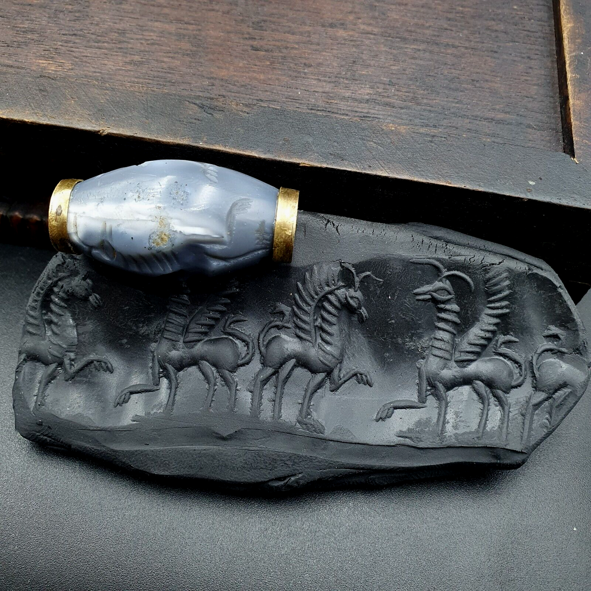 Antique Ancient Persian Chalcedony Agate Bead Mysterious Animals Intaglio
