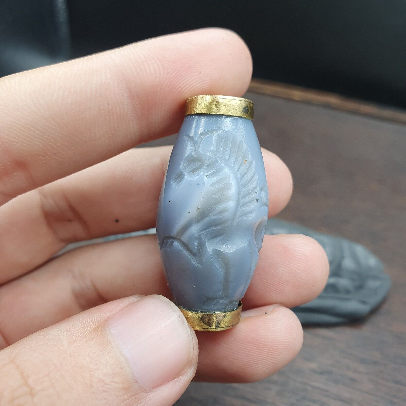 Antique Ancient Persian Chalcedony Agate Bead Mysterious Animals Intaglio