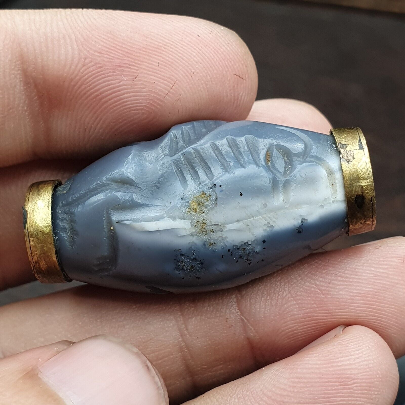 Antique Ancient Persian Chalcedony Agate Bead Mysterious Animals Intaglio
