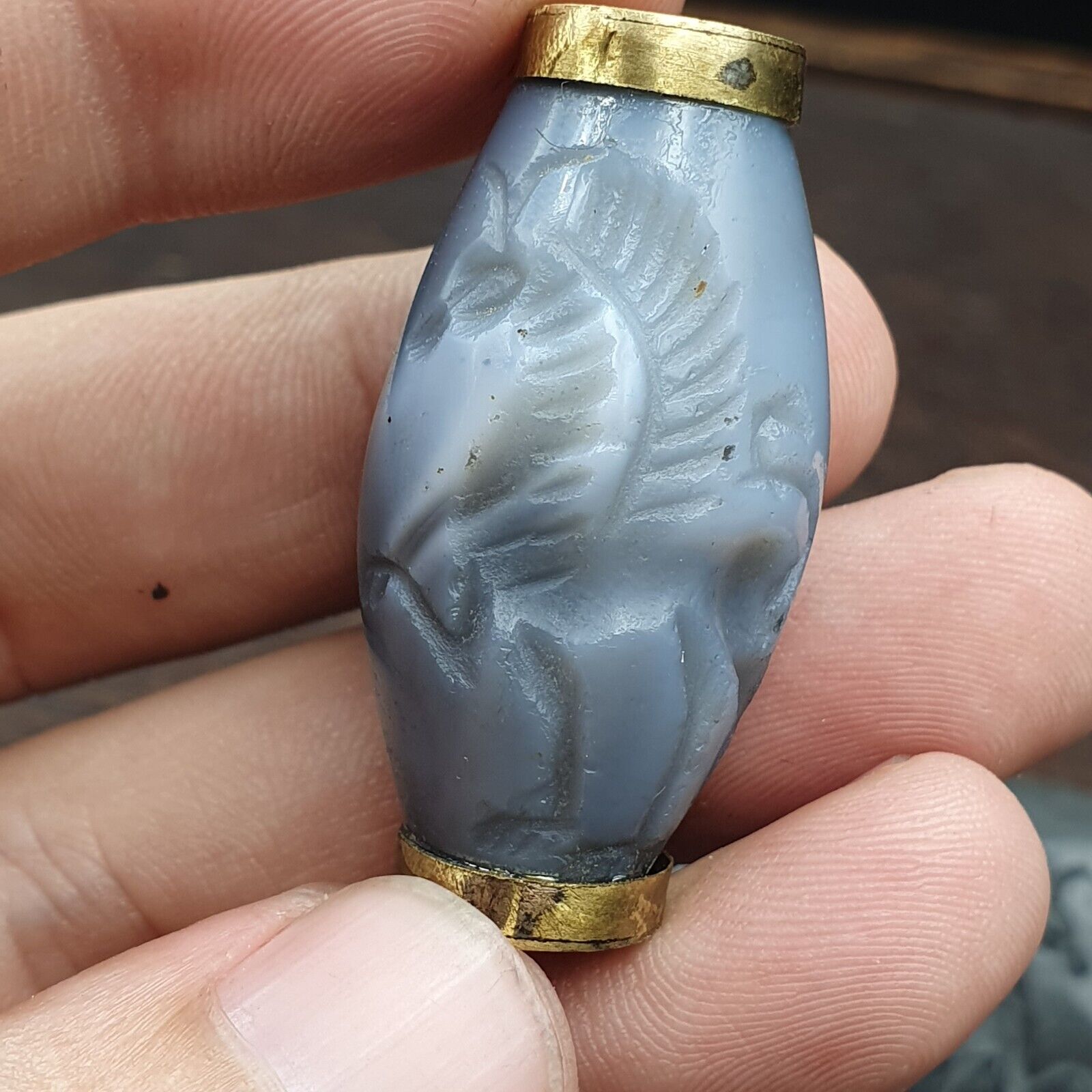 Antique Ancient Persian Chalcedony Agate Bead Mysterious Animals Intaglio