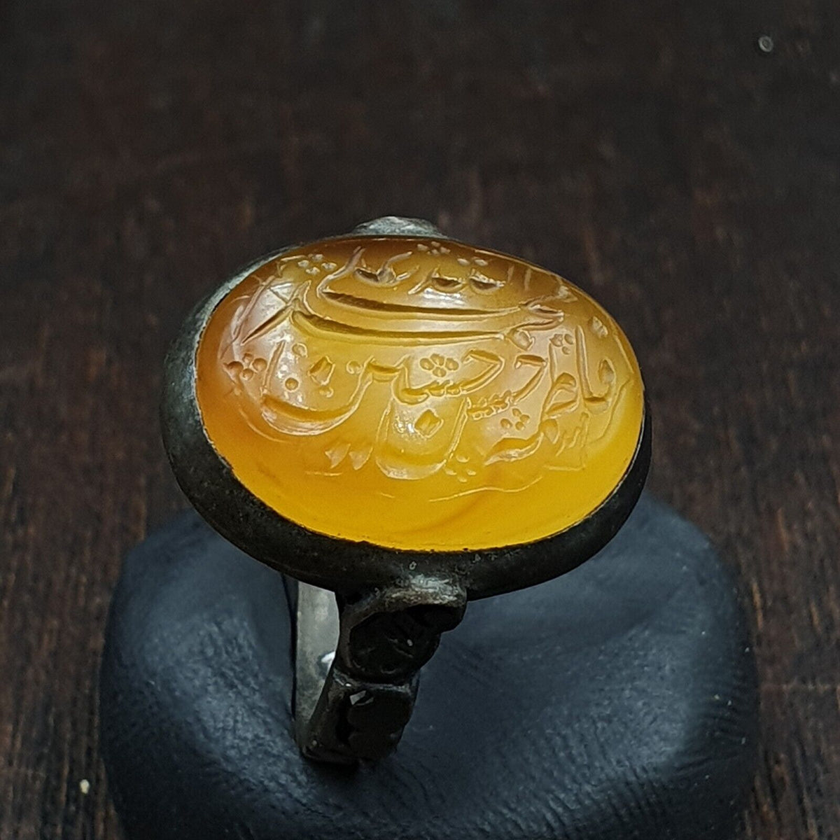 Antique Islamic Yellow Carving Agate Stone 925 Sterling Silver Ring