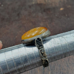 Antique Islamic Yellow Carving Agate Stone 925 Sterling Silver Ring