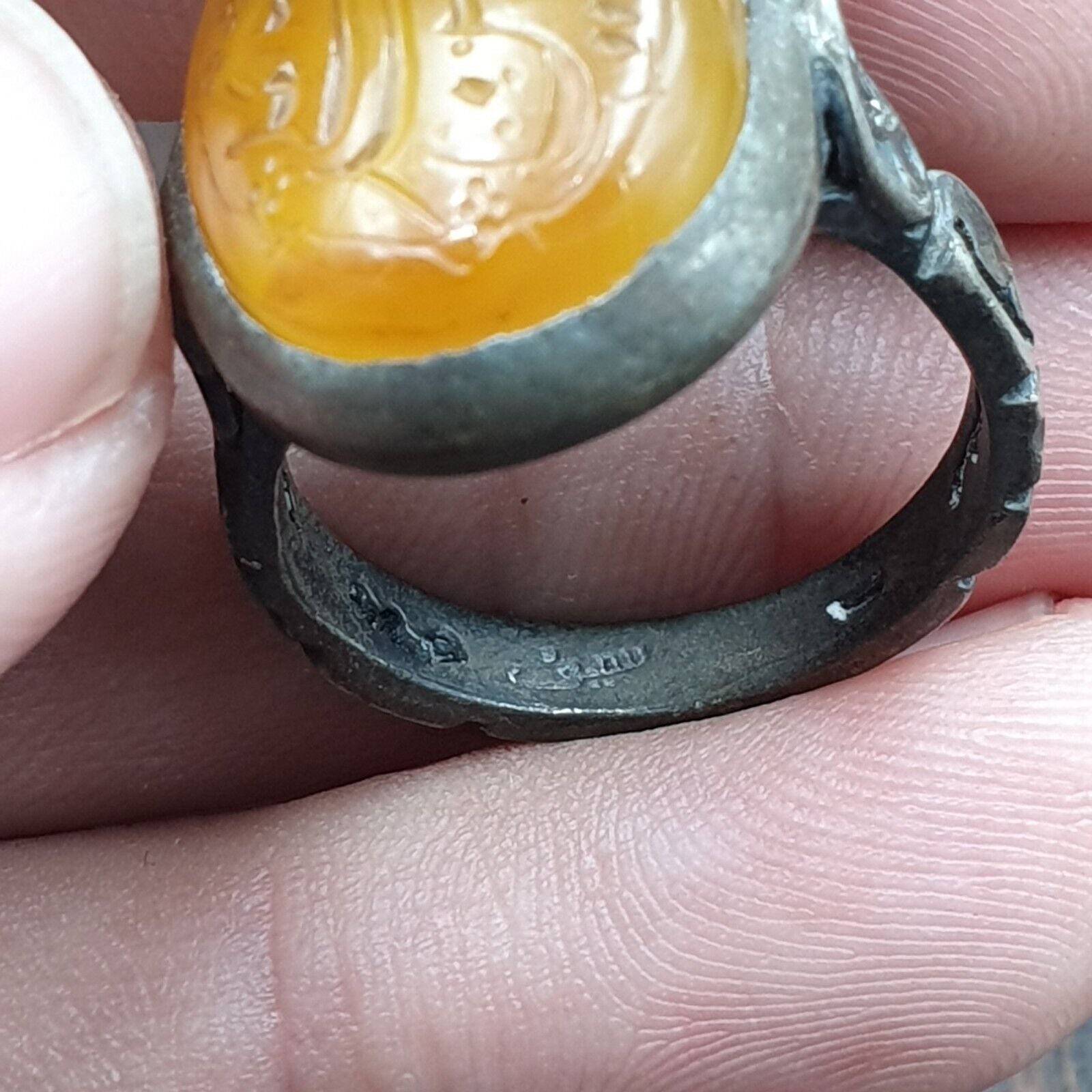 Antique Islamic Yellow Carving Agate Stone 925 Sterling Silver Ring