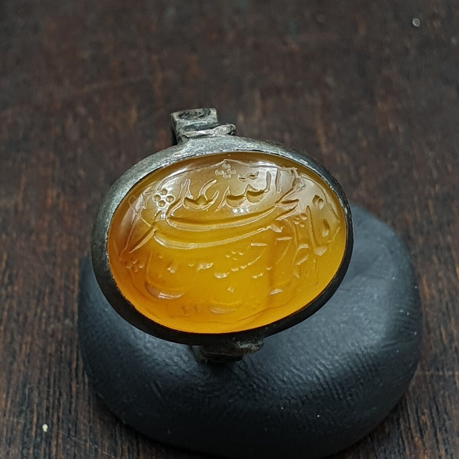 Antique Islamic Yellow Carving Agate Stone 925 Sterling Silver Ring