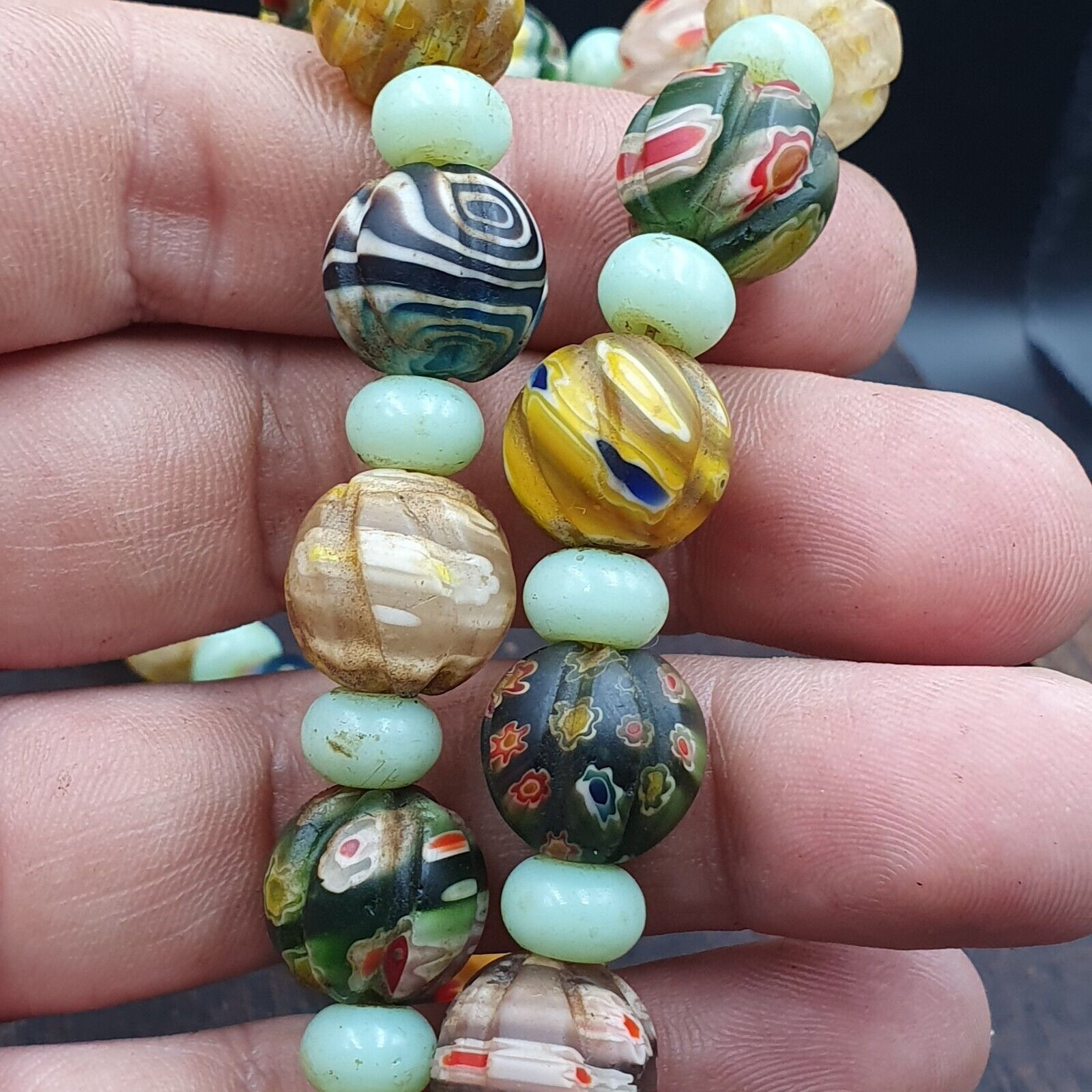 VINTAGE Murano MILLEFIORI Style Melon Glass beads Strand 24" 13mm