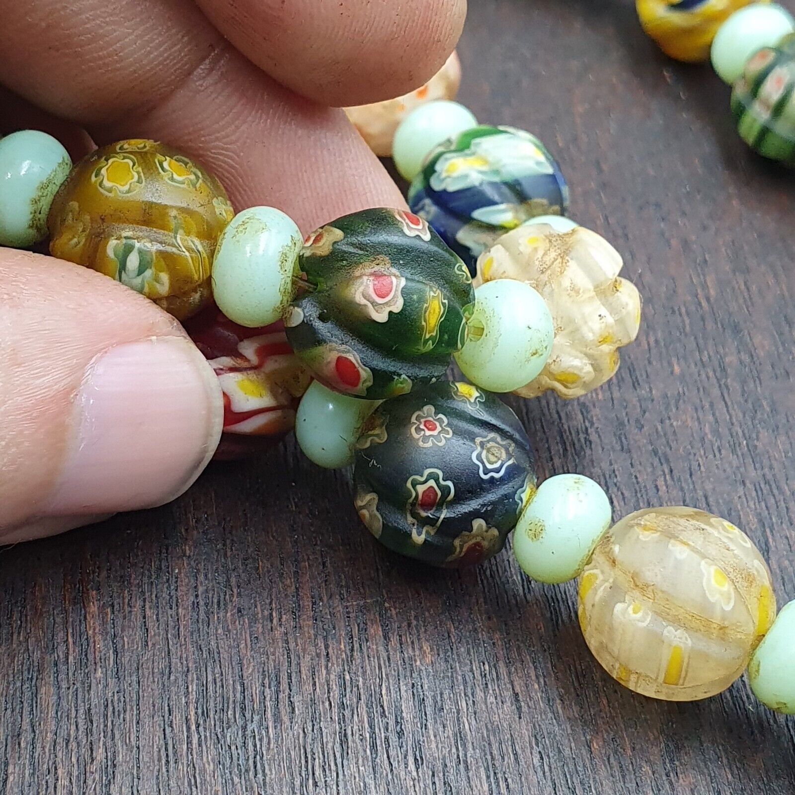 VINTAGE Murano MILLEFIORI Style Melon Glass beads Strand 24" 13mm