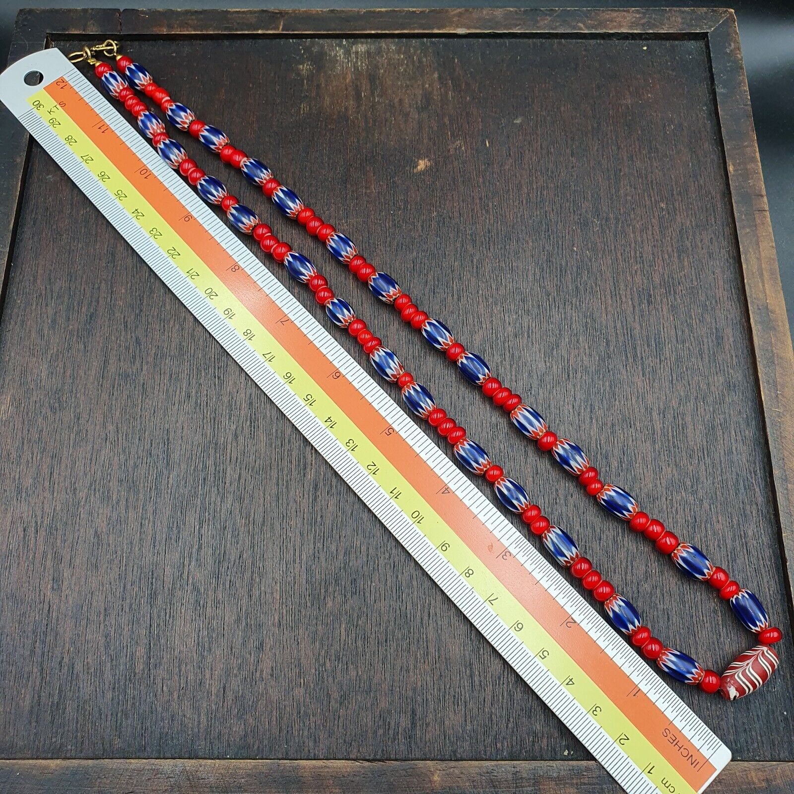 Antique Vintage Venetian White Heart And Blue Chevron Trade Beads Necklace