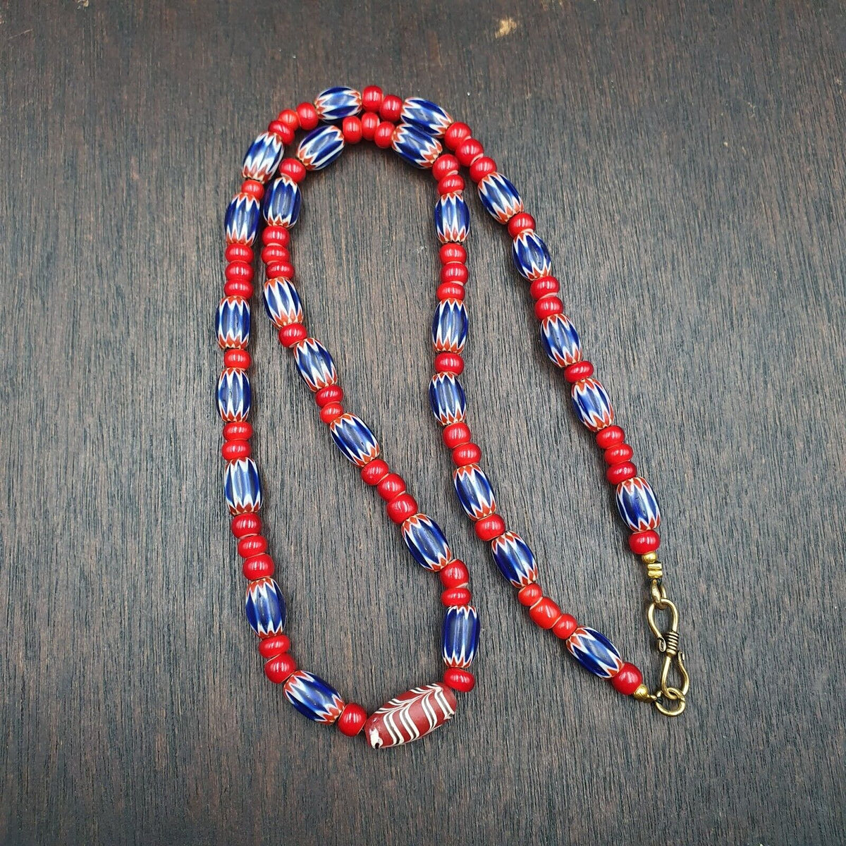 Antique Vintage Venetian White Heart And Blue Chevron Trade Beads Necklace