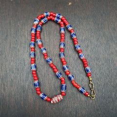 Antique Vintage Venetian White Heart And Blue Chevron Trade Beads Necklace