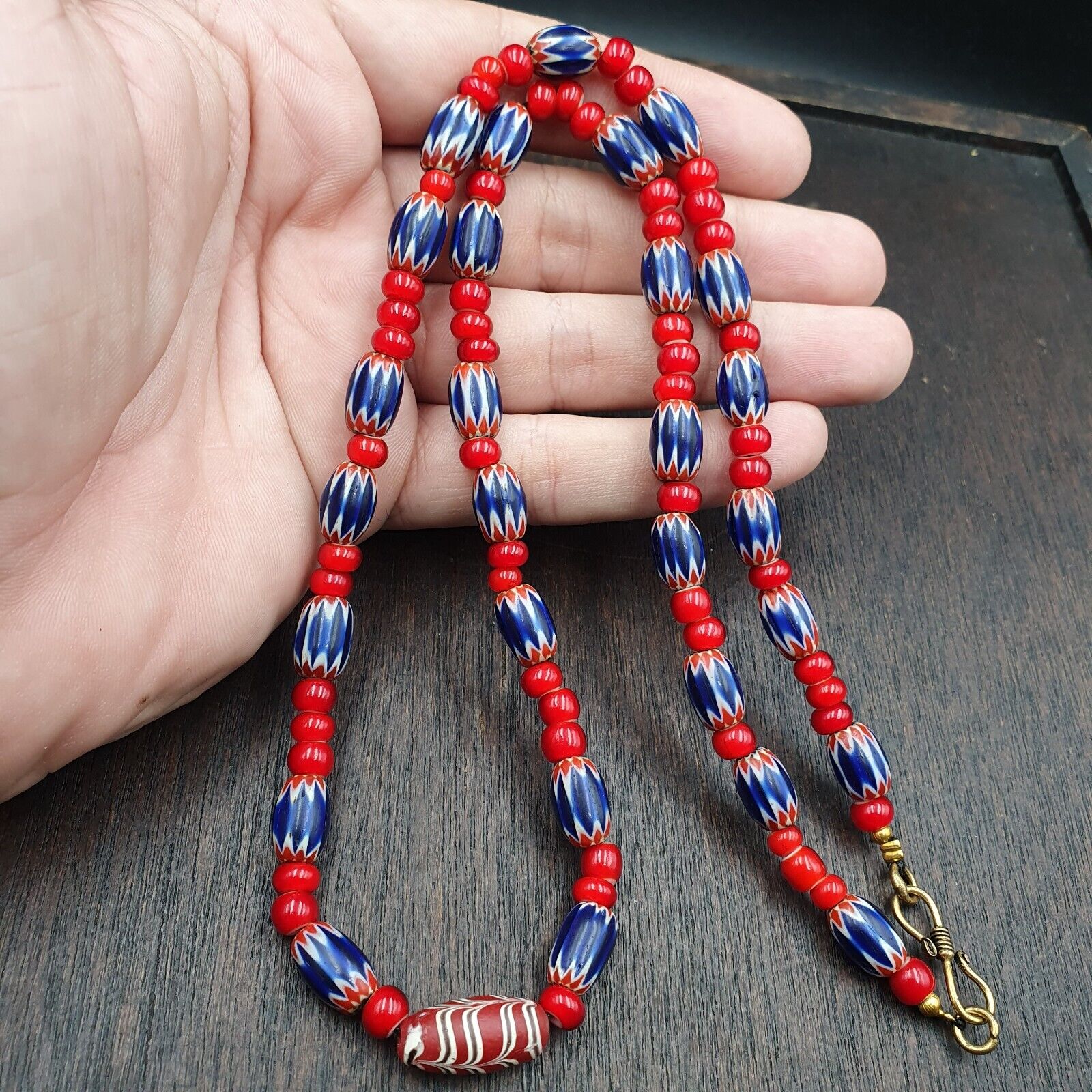 Antique Vintage Venetian White Heart And Blue Chevron Trade Beads Necklace