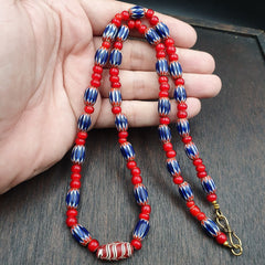 Antique Vintage Venetian White Heart And Blue Chevron Trade Beads Necklace