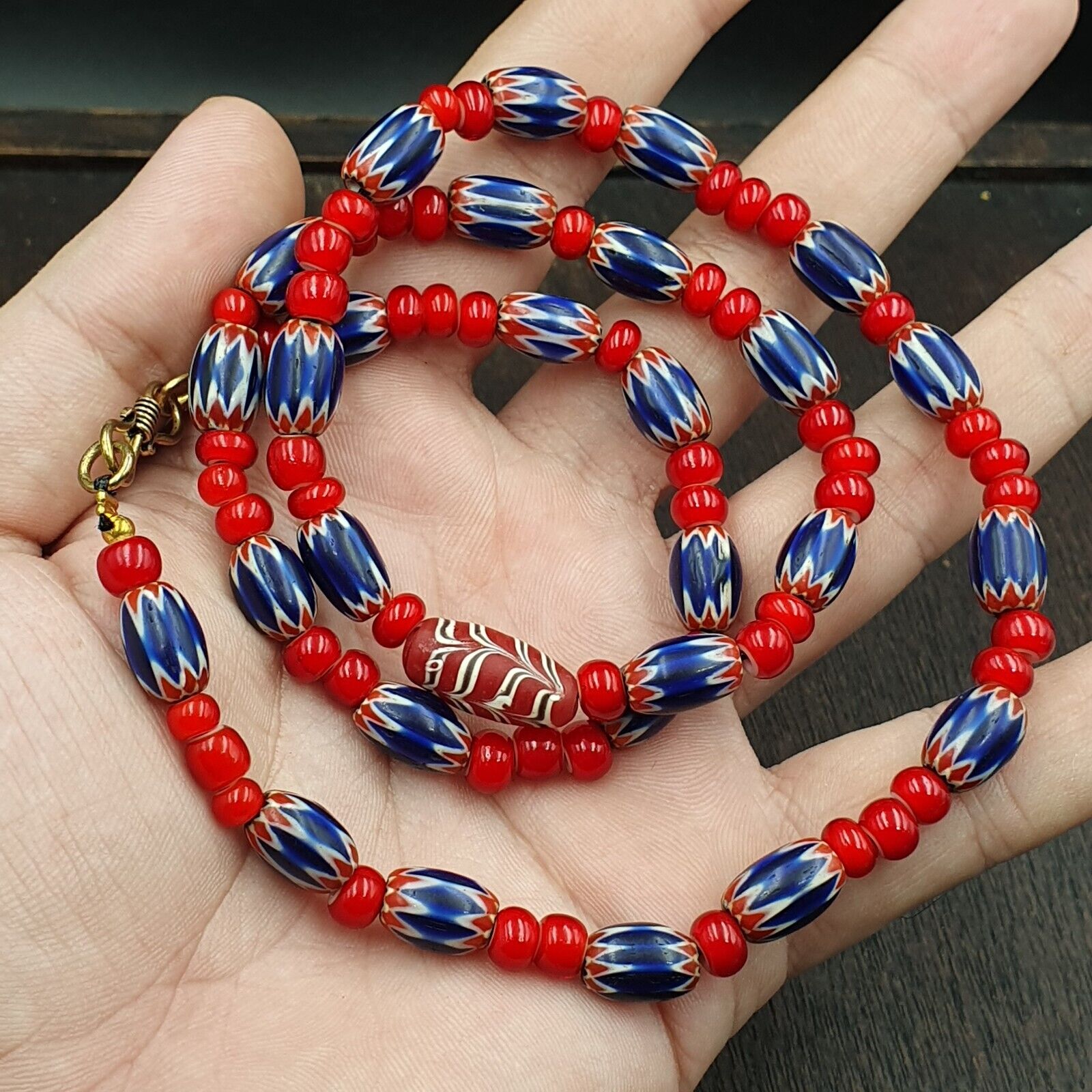 Antique Vintage Venetian White Heart And Blue Chevron Trade Beads Necklace