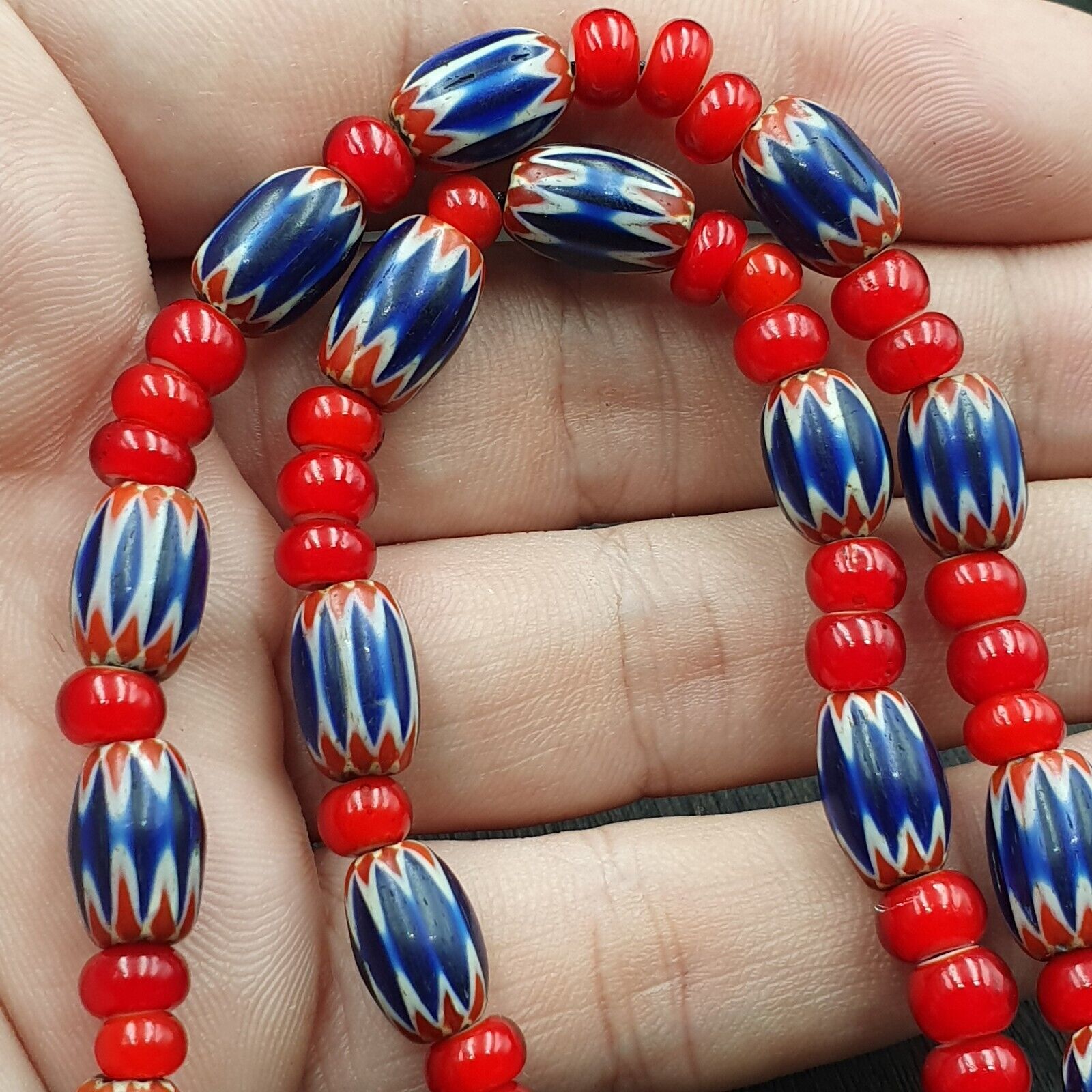 Antique Vintage Venetian White Heart And Blue Chevron Trade Beads Necklace