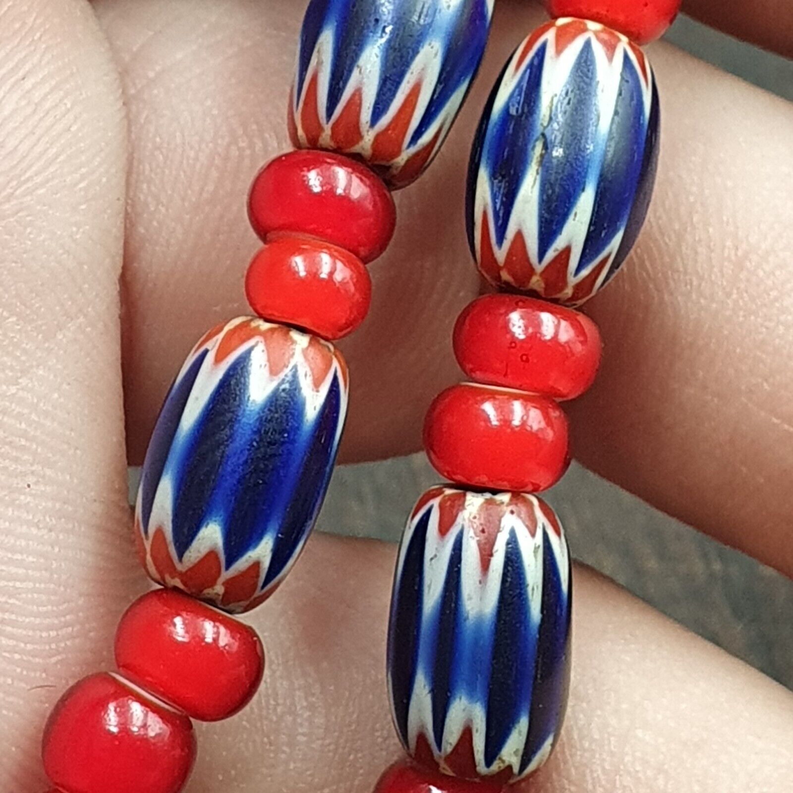 Antique Vintage Venetian White Heart And Blue Chevron Trade Beads Necklace
