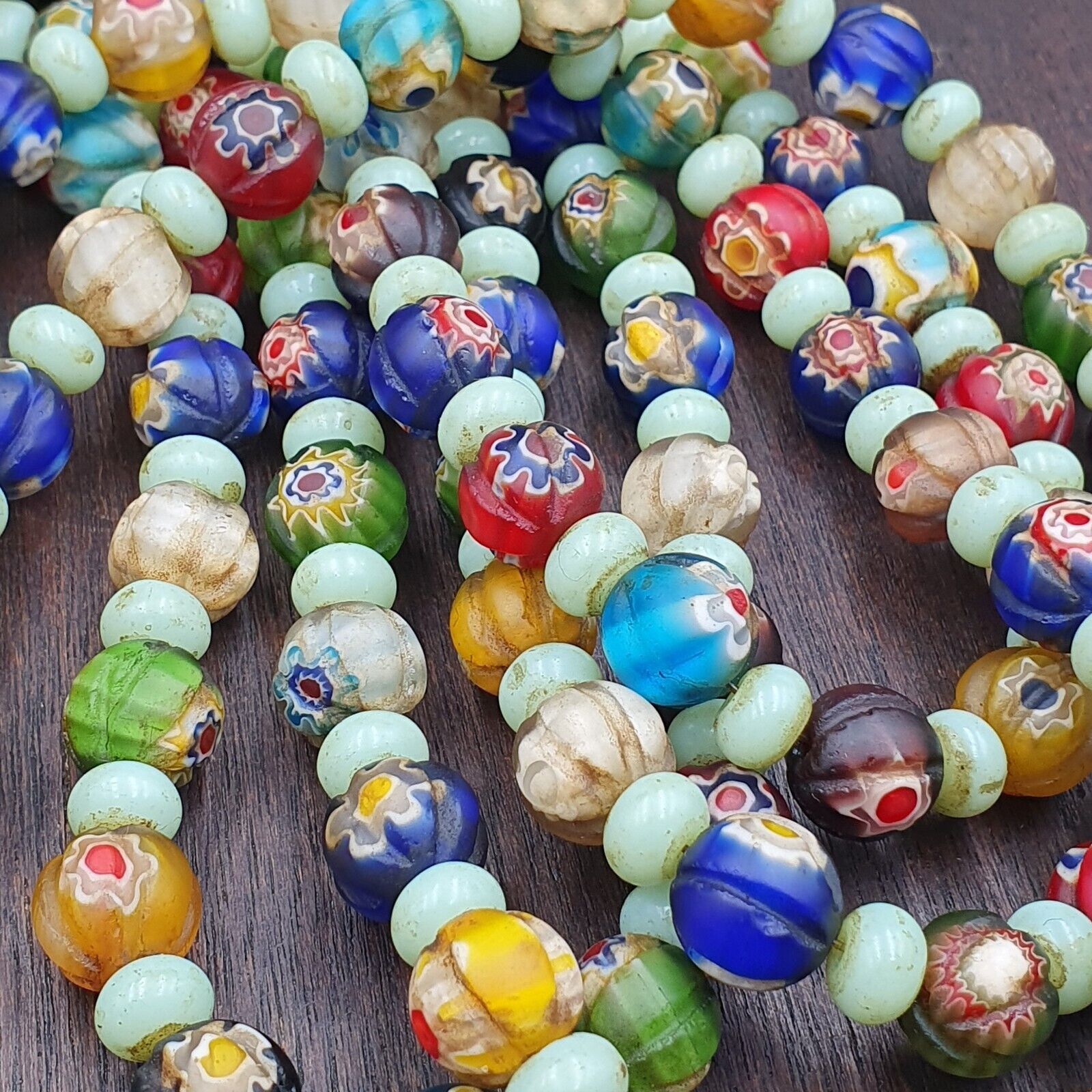 VINTAGE Murano MILLEFIORI Style Melon Glass beads Strand 24" 11.5mm