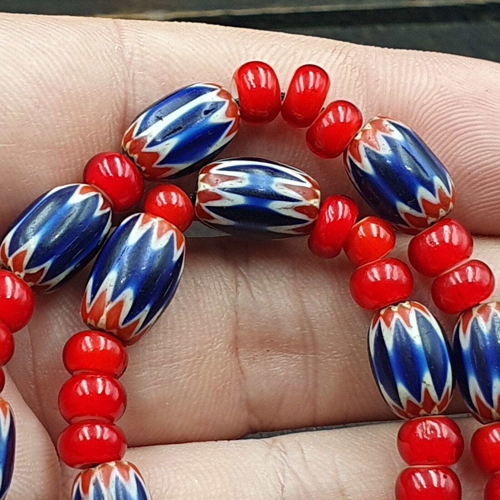 Antique Vintage Venetian White Heart And Blue Chevron Trade Beads Necklace