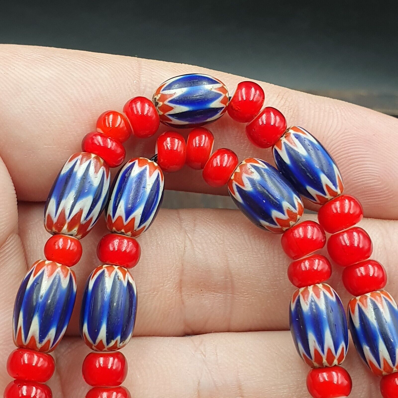 Antique Vintage Venetian White Heart And Blue Chevron Trade Beads Necklace