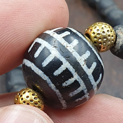 Antique Tibetan Etched Agate Bead With Old Glass beads Necklace. 18mm