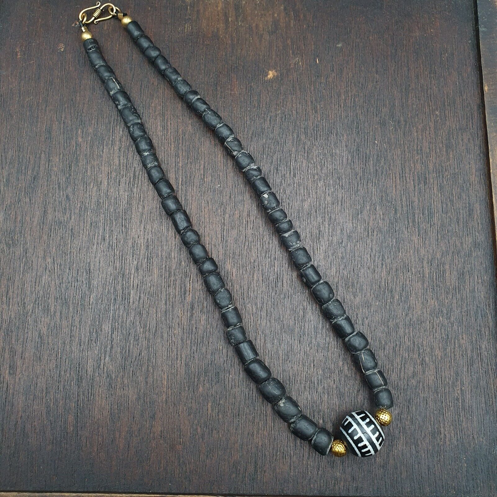 Antique Tibetan Etched Agate Bead With Old Glass beads Necklace. 18mm