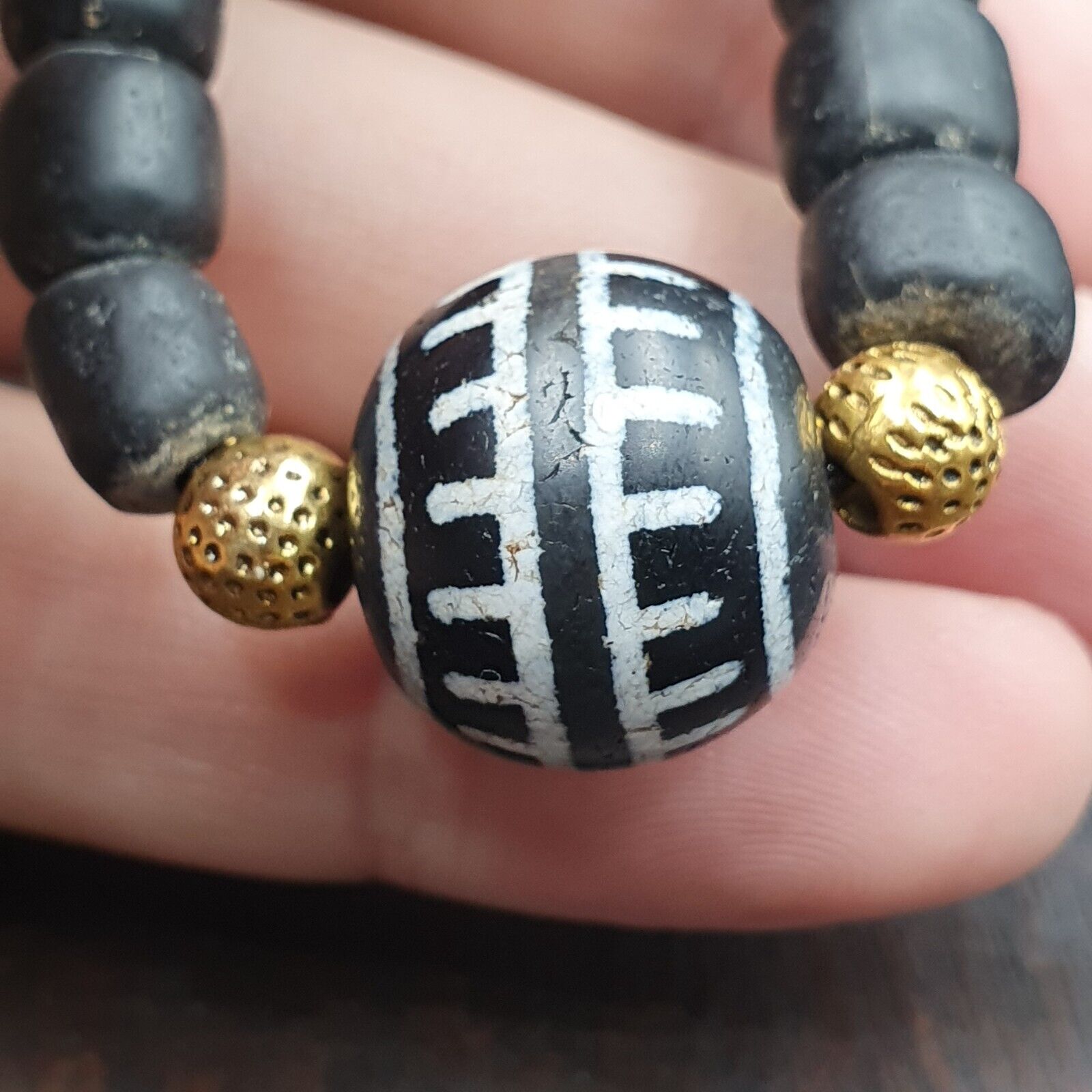 Antique Tibetan Etched Agate Bead With Old Glass beads Necklace. 18mm