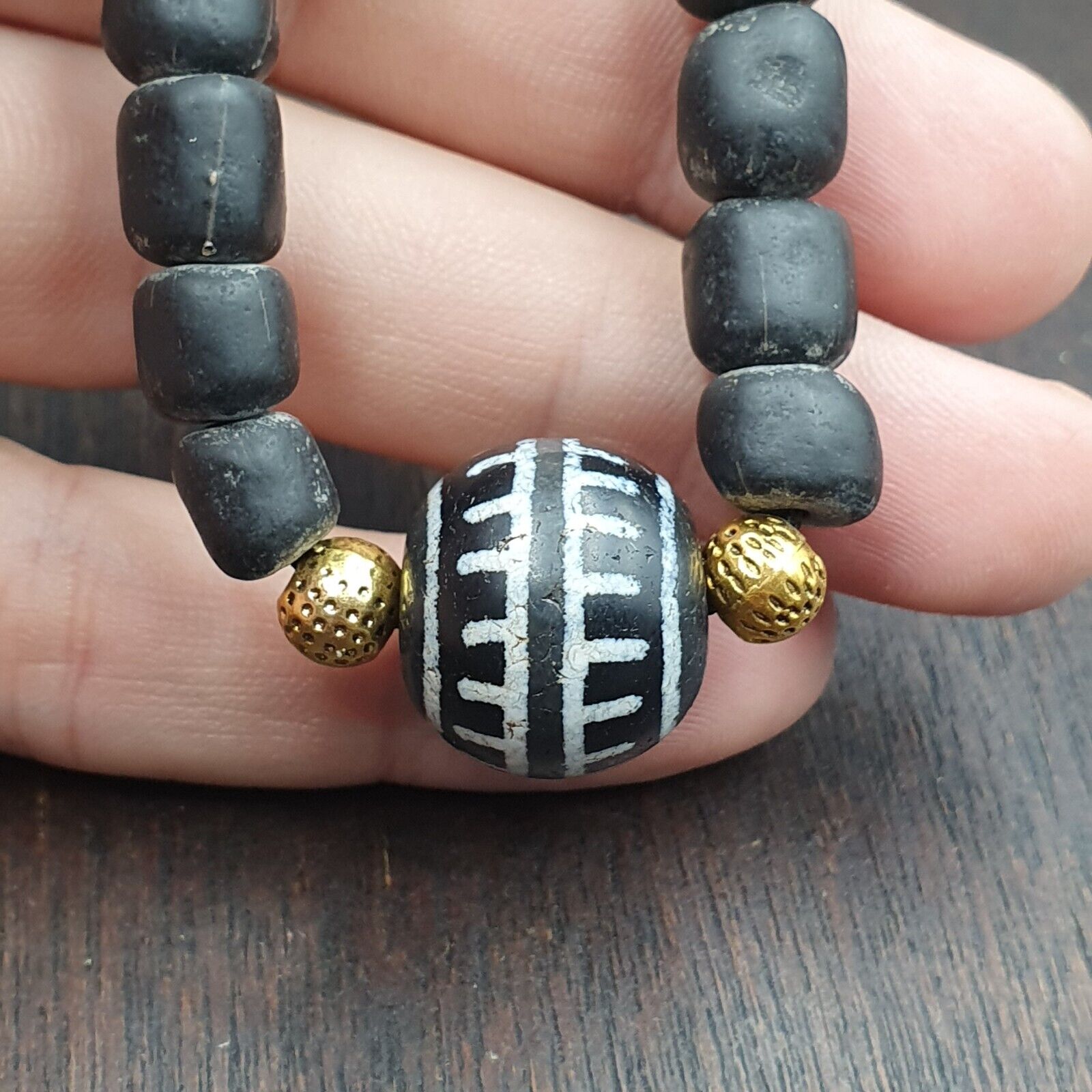 Antique Tibetan Etched Agate Bead With Old Glass beads Necklace. 18mm