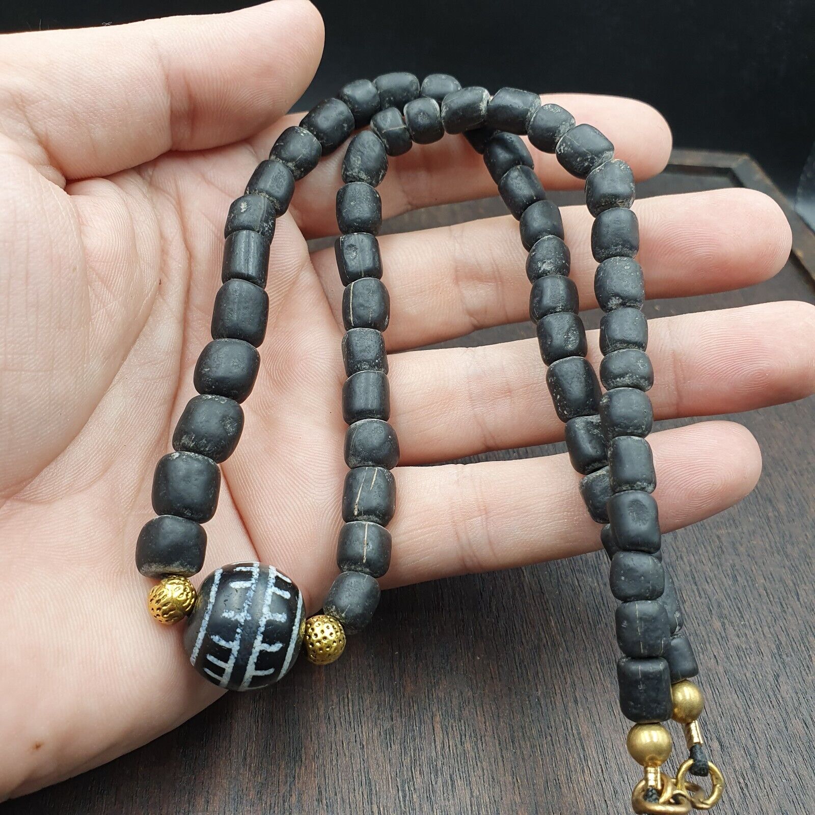 Antique Tibetan Etched Agate Bead With Old Glass beads Necklace. 18mm