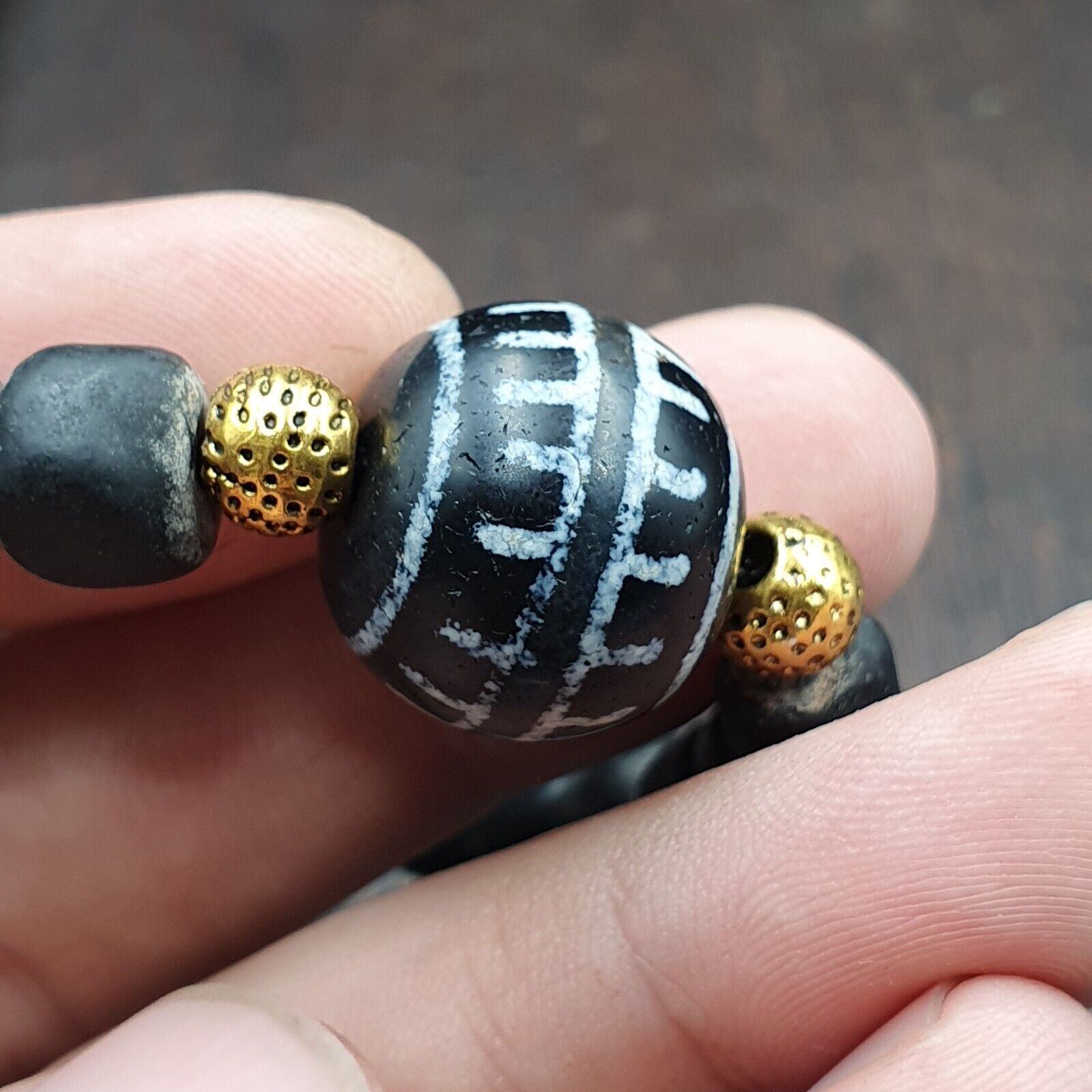 Antique Tibetan Etched Agate Bead With Old Glass beads Necklace. 18mm
