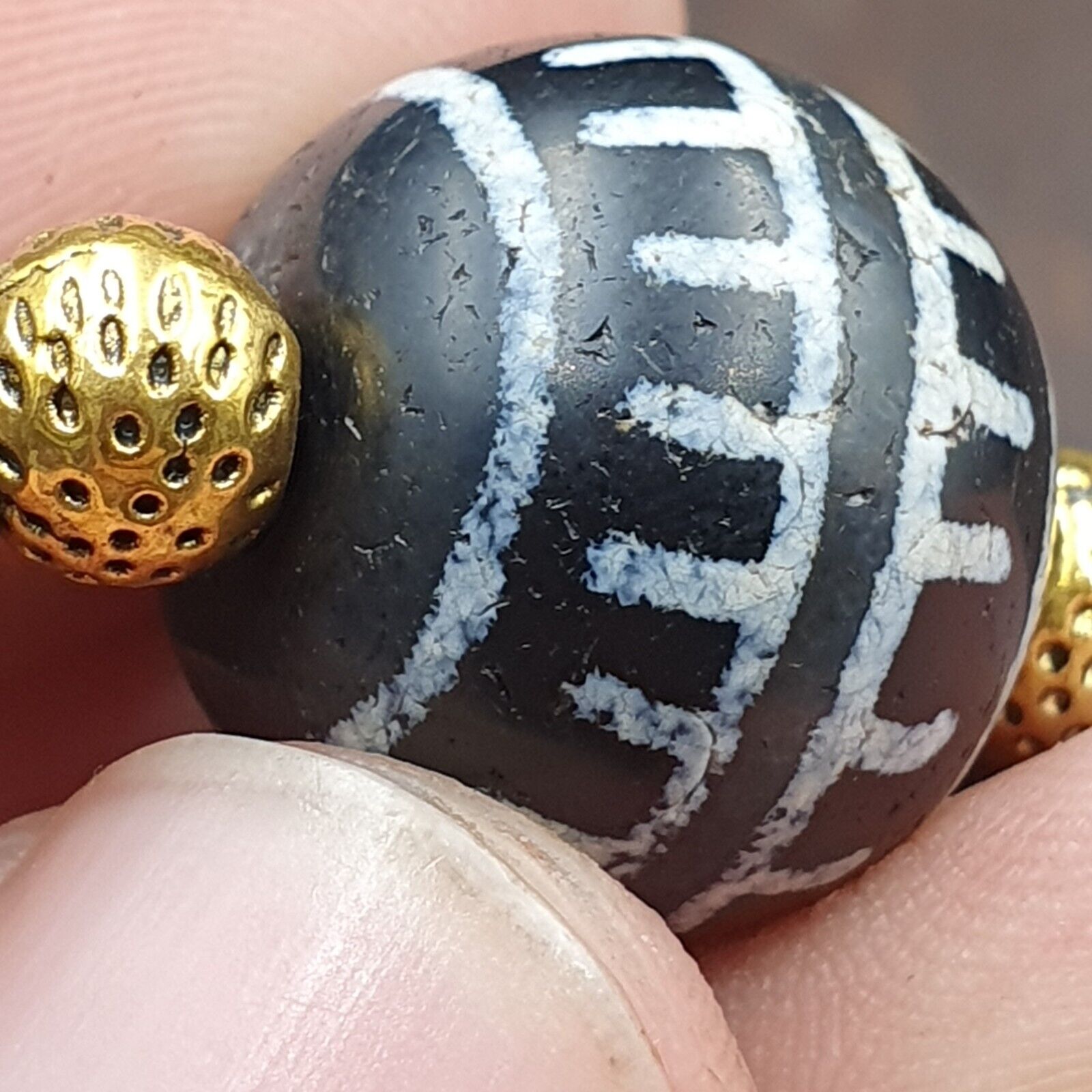 Antique Tibetan Etched Agate Bead With Old Glass beads Necklace. 18mm