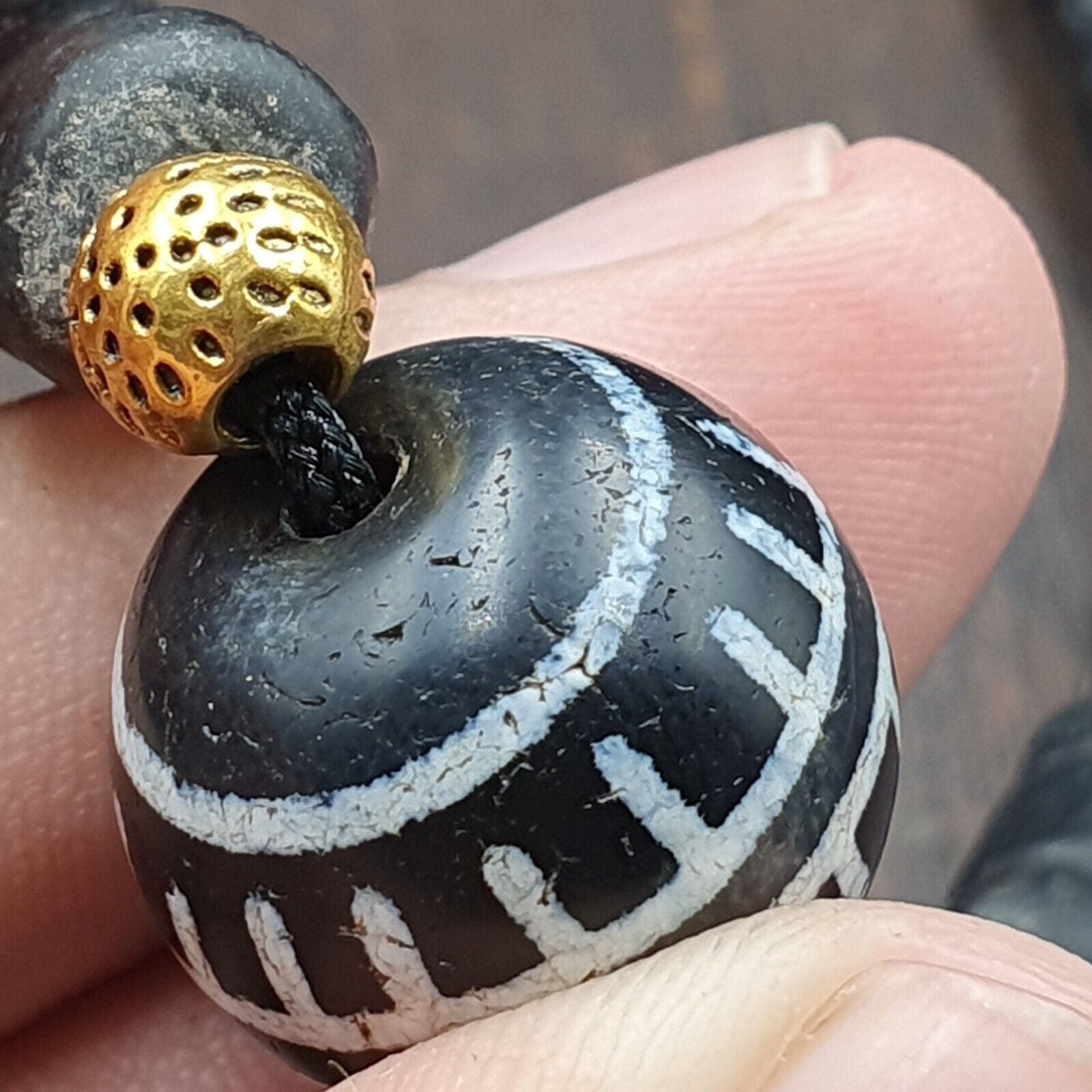 Antique Tibetan Etched Agate Bead With Old Glass beads Necklace. 18mm