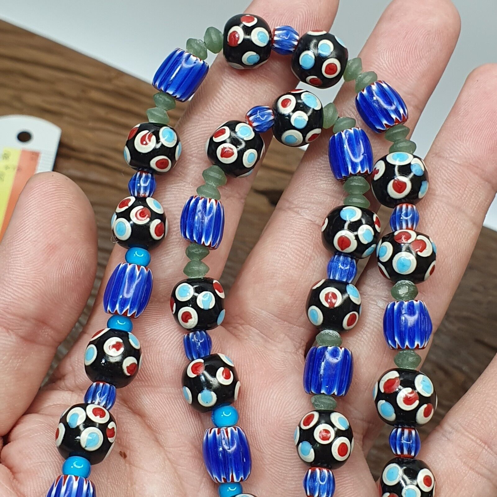 Vintage Venetian Style Trade Skunk Blue Chevron and jade Beads Strand H-8B