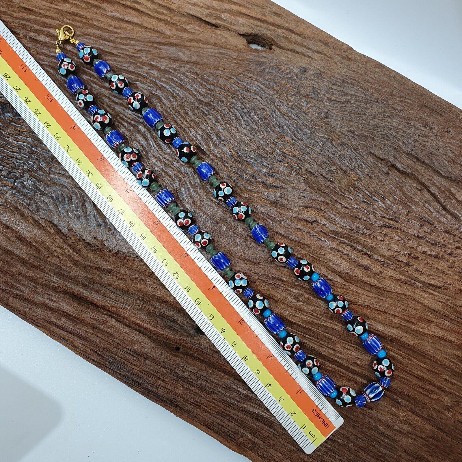 Vintage Venetian Style Trade Skunk Blue Chevron and jade Beads Strand H-8B