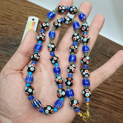 Vintage Venetian Style Trade Skunk Blue Chevron and jade Beads Strand H-8B