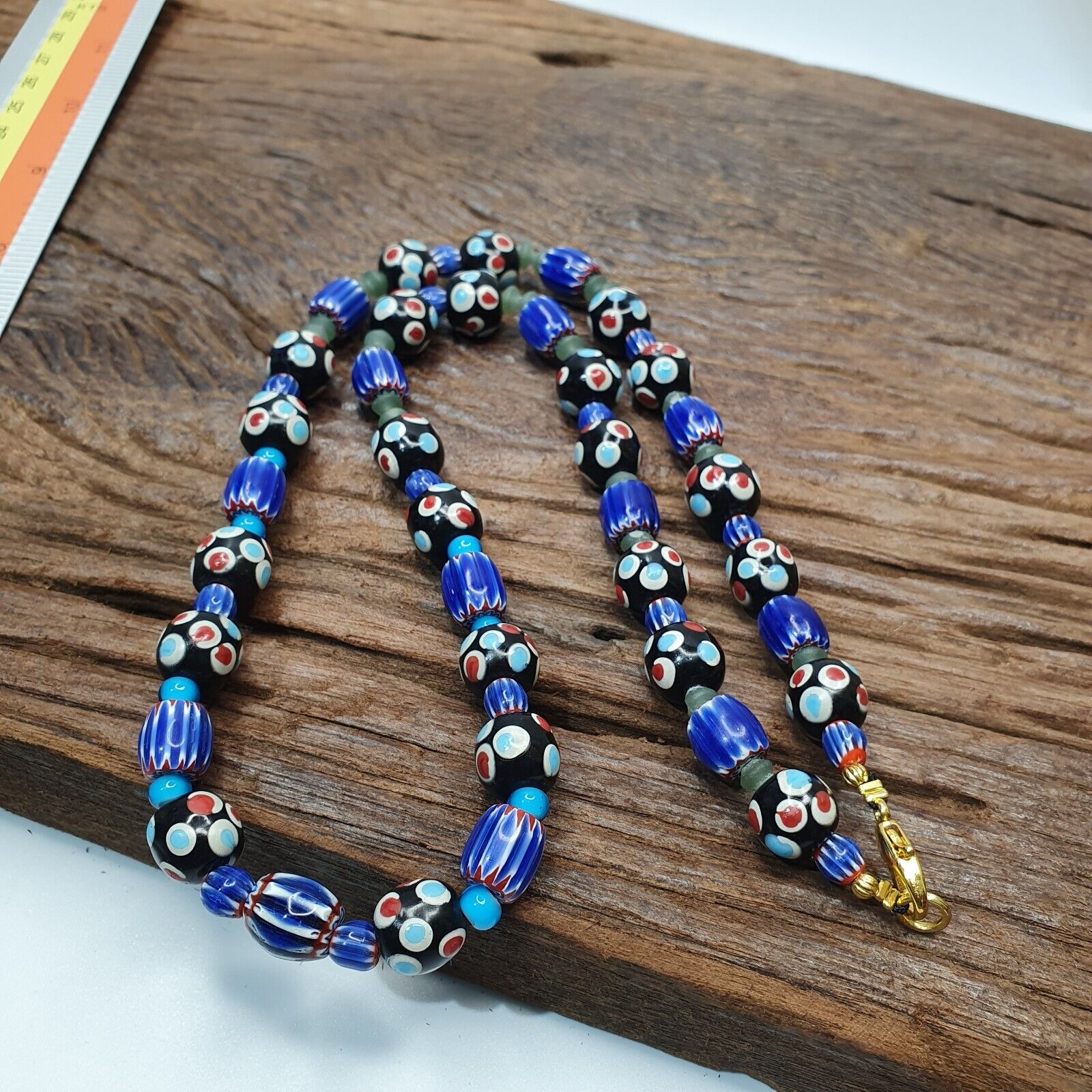 Vintage Venetian Style Trade Skunk Blue Chevron and jade Beads Strand H-8B