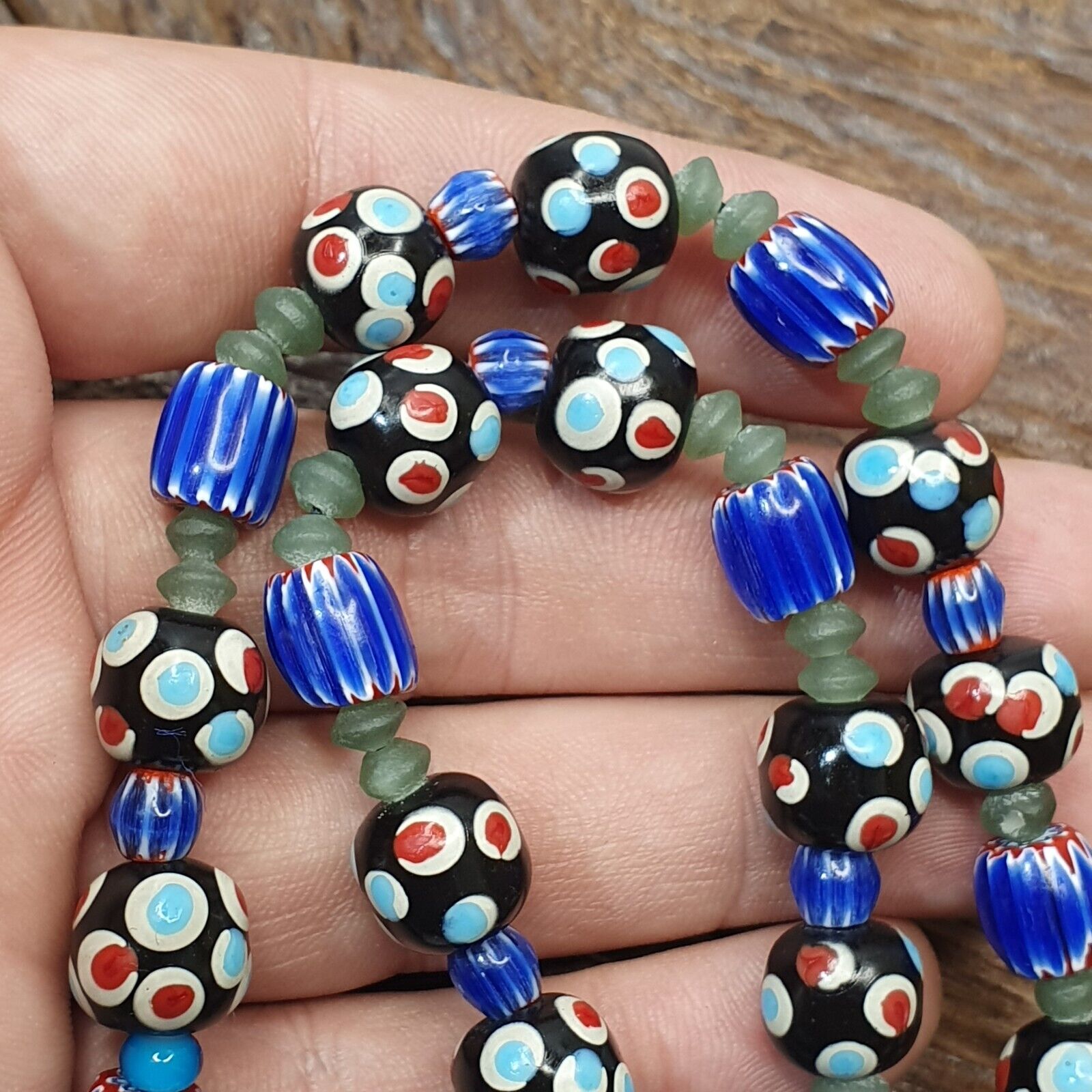 Vintage Venetian Style Trade Skunk Blue Chevron and jade Beads Strand H-8B