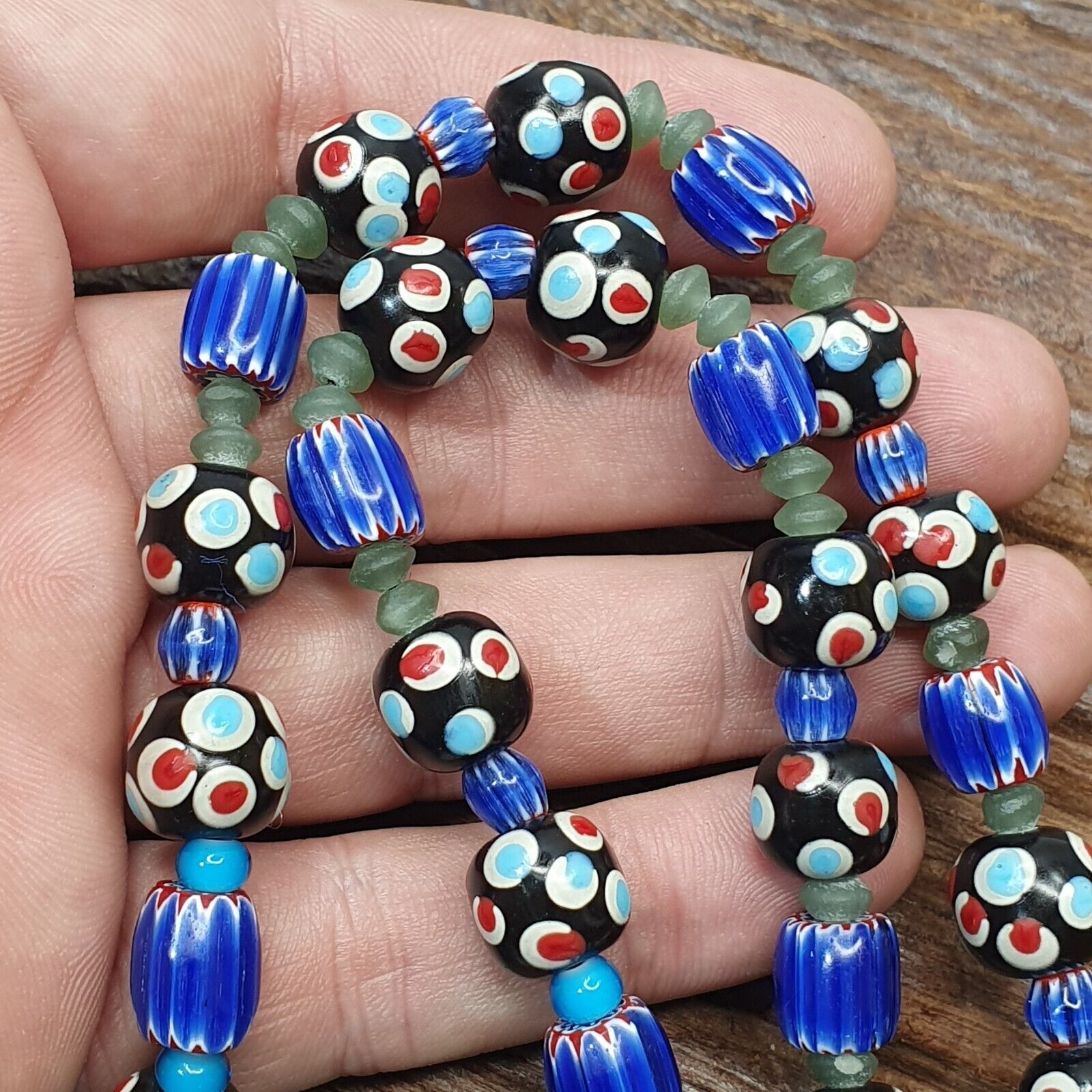 Vintage Venetian Style Trade Skunk Blue Chevron and jade Beads Strand H-8B