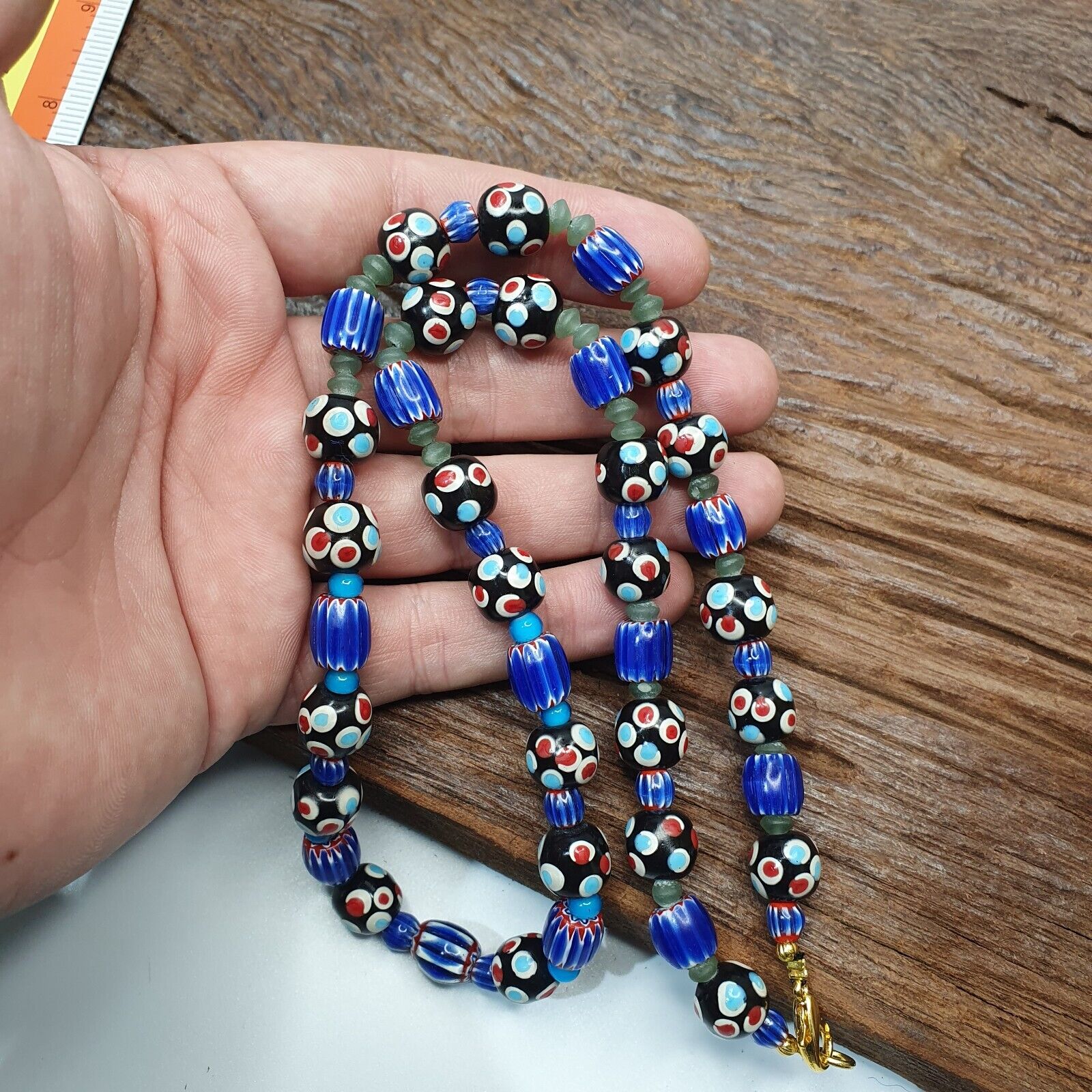 Vintage Venetian Style Trade Skunk Blue Chevron and jade Beads Strand H-8B