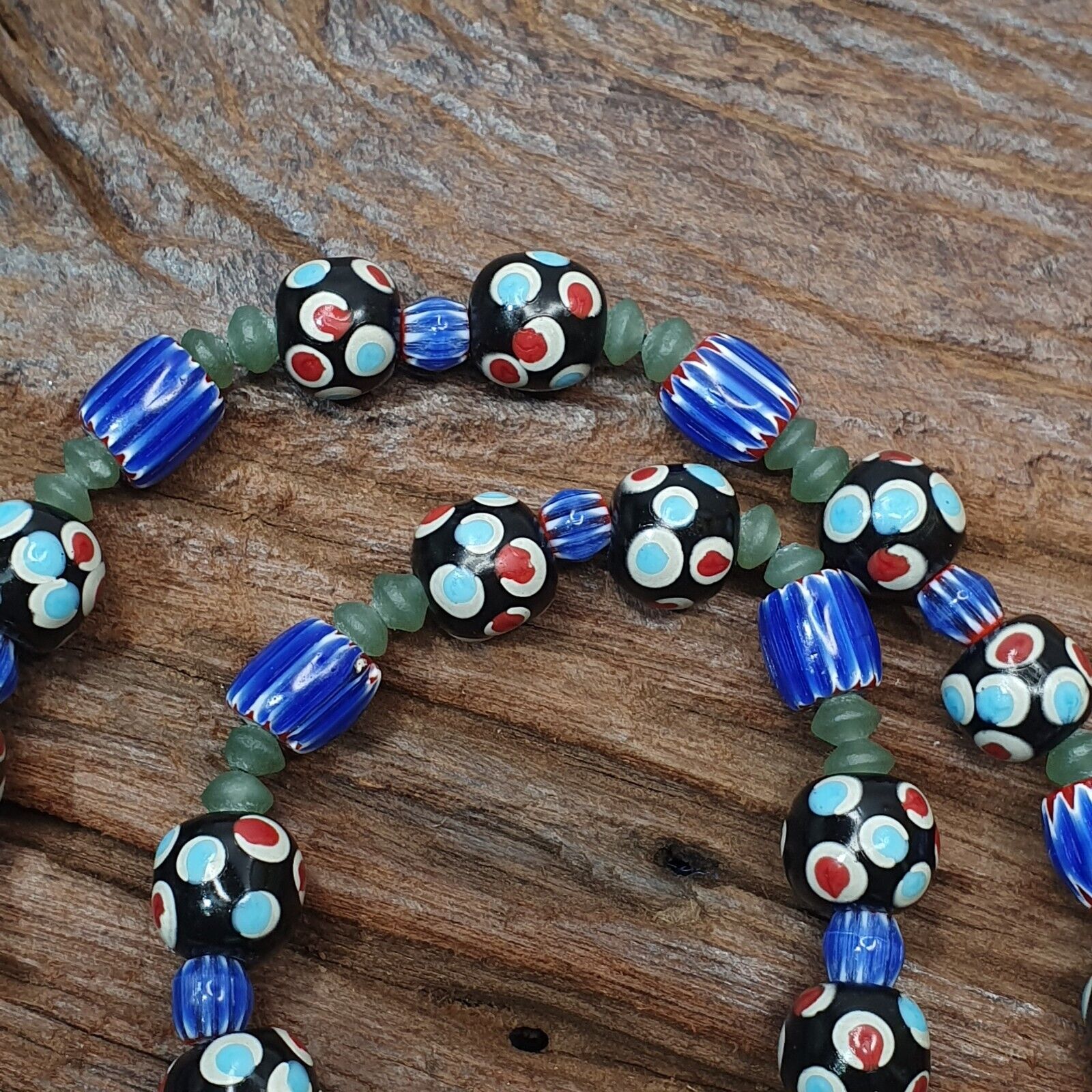 Vintage Venetian Style Trade Skunk Blue Chevron and jade Beads Strand H-8B