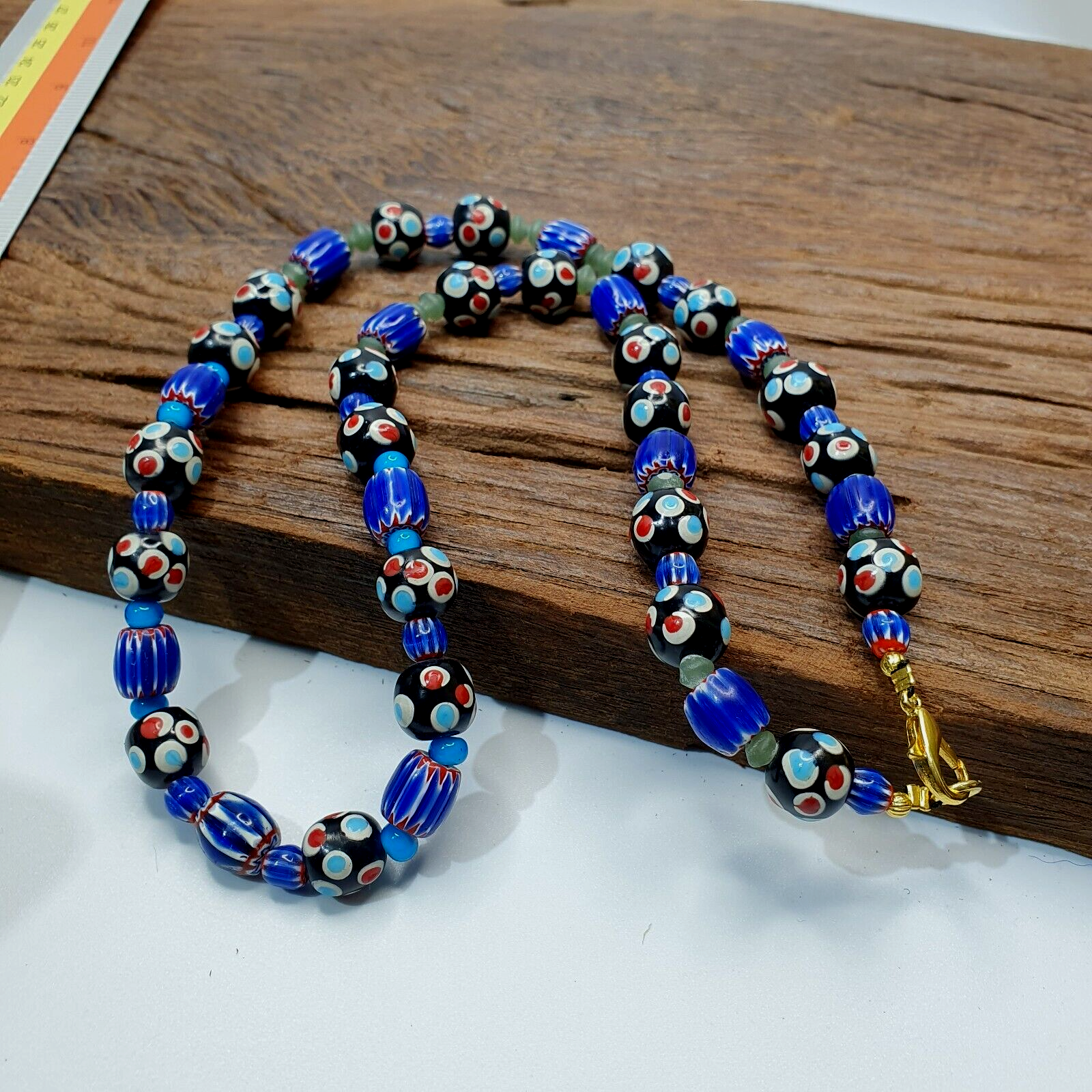 Vintage Venetian Style Trade Skunk Blue Chevron and jade Beads Strand H-8B