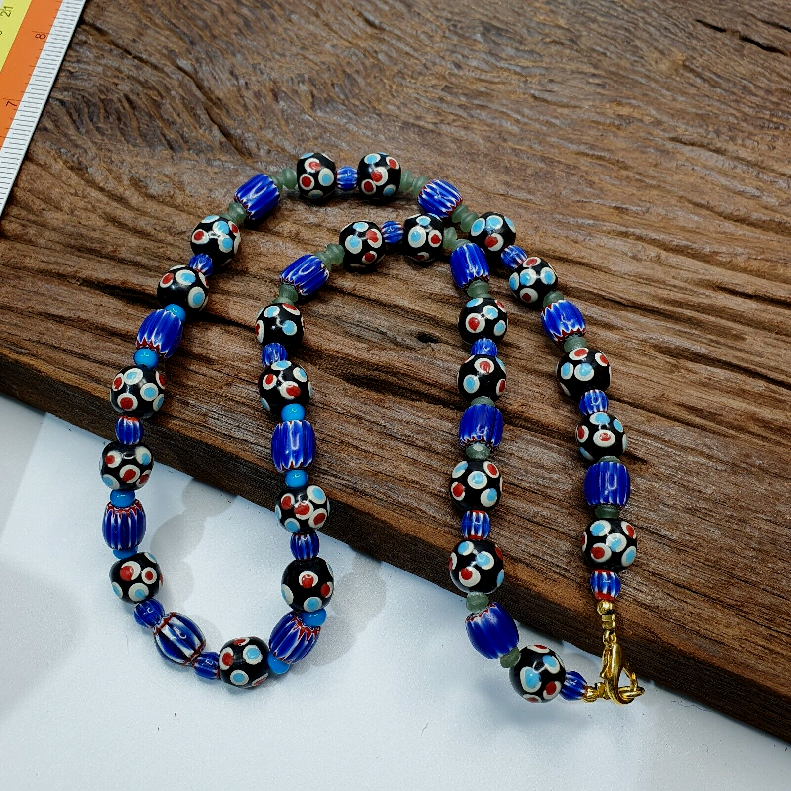 Vintage Venetian Style Trade Skunk Blue Chevron and jade Beads Strand H-8B