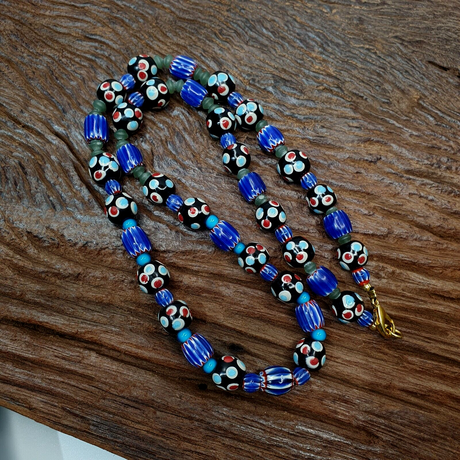 Vintage Venetian Style Trade Skunk Blue Chevron and jade Beads Strand H-8B